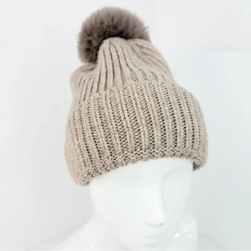 Norla Canada Taupe Alpaca Wool Fluffy Faux Fur Pompom Knit Beanie Hat